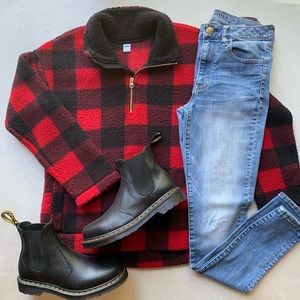 Old Navy Plaid Teddy Sherpa Mock Neck Zip Sweater